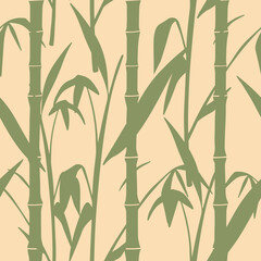 Obraz premium Modern japanese bamboo seamless pattern. Bamboo leaves hand drawn print for seamless background. Aesthetic retro asian ornament for paper, fabric, textile, clothes. Square floral oriental tile vector