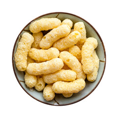 top view of corn puffs in ceramic bowl isolated
