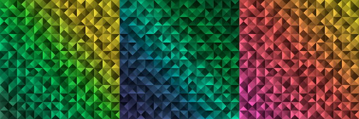 A set of three square backgrounds made of small triangles with a gradient fill. Vector design for backgrounds, advertising banners, posters, flyers, covers, etc.