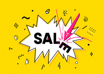 Sale banner vector background. Surprise burst with font text offer discount, arrow in target isolated on yellow halftone texture backdrop. Bang effect in simple line flat cartoon style