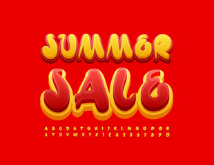 Vector promo banner Summer Sale. Bright artistic Font. Yellow and Red Alphabet Letters and Numbers set