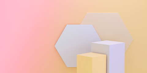 Cubes pedestal for product display on funny hexagon pink and yellow background or summer sunny.