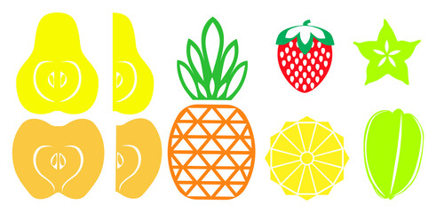 Set of different fruits. Simple shapes and contours. Pear, apple, pineapple, strawberry, carom. By repainting in different colors, you can create seamless backgrounds and collages.