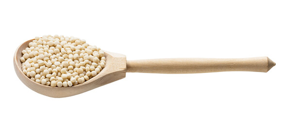 israeli pearl couscous in wooden spoon isolated