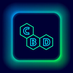 Fototapeta premium Glowing neon line Cannabis molecule icon isolated on black background. Cannabidiol molecular structures, THC and CBD formula. Marijuana sign. Colorful outline concept. Vector