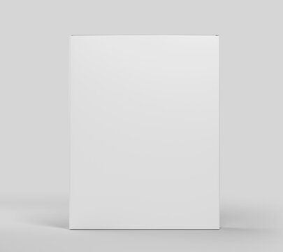 Blank white software box Mockup, medium size Cardboard package box, 3d rendering isolated on light gray background, ready for your design