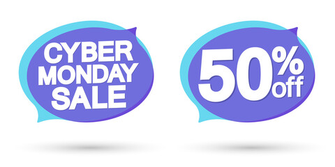 Cyber Monday Sale, 50% off, banners design template, discount tags, season offers, vector illustration