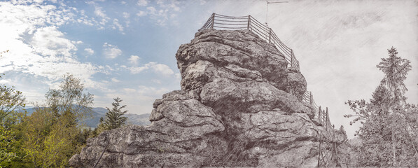 Rock of Certovy kameny in Jeseniky mountains in Czech republic. Collage of classic photograph and charcoal or graphite drawing.