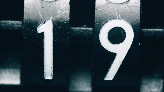 Old mechanical counter. Old black mechanical counter counts numbers from 0 to 20. Extreme close up.