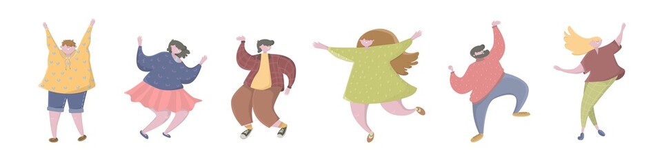 Set of happy people showing various positive position. Happy young people dance. Different teenage in motion. Active schoolchildren having fun. Flat vector cartoon illustration isolated on white