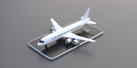 White airplane on smartphone isolated on grey background. 3d illustration