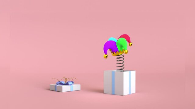 Gift box spring explode jester hat cerebration festival.Pastel mood tone style with 3d rendering animation.cartoon, spring, surprise, gift, clown, carnival, happy, funny, illustration, april, day, cir
