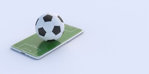 Green grass on mobile and soccer football ball isolated on white background. 3d illustration