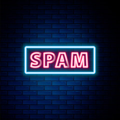 Glowing neon line Spam icon isolated on brick wall background. Colorful outline concept. Vector