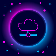 Glowing neon line Network cloud connection icon isolated on black background. Social technology. Cloud computing concept. Colorful outline concept. Vector