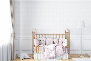 Empty wall with childrens wallpaper white dots