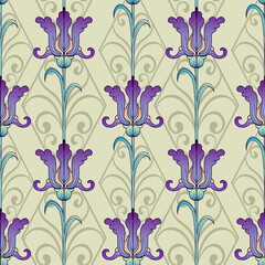 watercolor iris flower painted in the style of modern, art nouveau. Seamless pattern. Floral pastel watercolor style. Spring bouquet. Perfect for printing packaging, postcards, fabrics. EPS10