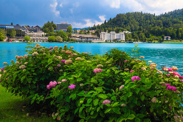 Hotels on the lake shore in Bled, Slovenia