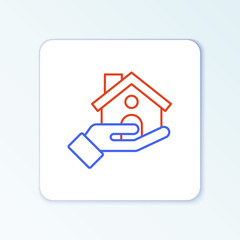 Line Shopping building with shield icon isolated on white background. Insurance concept. Security, safety, protection, protect concept. Colorful outline concept. Vector