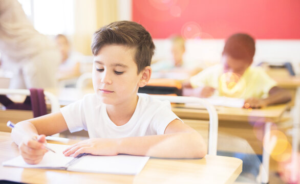 Portrait of positive boy pupil sitting at desk studying in classroom