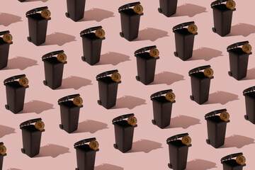 Abstract pattern from bitcoin in a container on a pink background. Can be used as a background.
