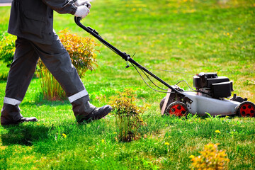 A gardener in overalls walks with a lawn mower on a green lawn. A man mows the lawn on a sunny...
