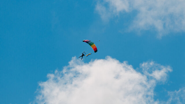 clear blue sky. a man jumped with a parachute and soared in the sky. extreme sport