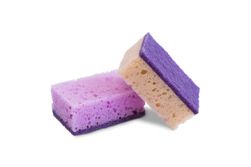 Detergent for washing dishes and cleaning. Sponges isolated on a white background.