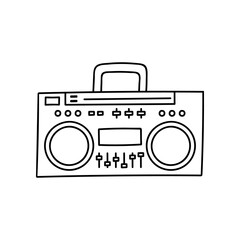 Vintage audio music and sound recorder. Digital, old handheld device. Vector flat style cartoon illustration isolated on background. Retro radio for the beach. Doodle with hand drawn outline.