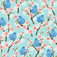 Seamless background with sakura flowers and cabbage butterflies. Vector illustration.