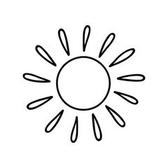 Cute, funny hand drawn vector doodle sun. Stylized illustration with hand drawn outline isolated on background. For sticker, scrapbook, fabric, social media, posters, patterns, socks, wrapping paper.