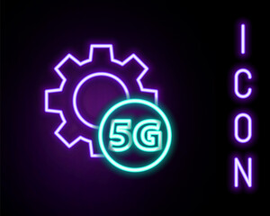 Glowing neon line Setting 5G new wireless internet wifi connection icon isolated on black background. Global network high speed connection data rate technology. Colorful outline concept. Vector