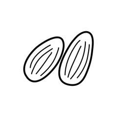 Simple almonds in black color in doodle style. Drawn vector illustration isolated on a white background. Suitable as a label, icon, or logo.