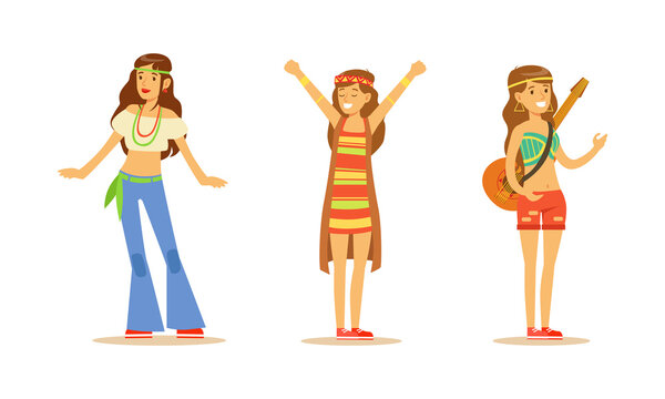 Beautiful Hippie Girls Set, Happy Young Women Characters Wearing Retro Clothes Cartoon Vector Illustration