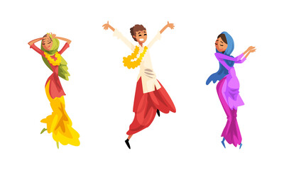 Happy Indian People in Traditional National Clothes Dancing vector Illustration