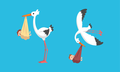 Set of Storks Carrying Newborn Babies, Stork Bird Stork Delivering Baby Vector Illustration