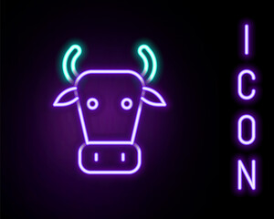 Glowing neon line Cow icon isolated on black background. Colorful outline concept. Vector
