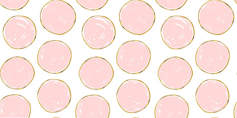 Circle seamless pattern. Pink hand drawn circles with gold contour for wedding card, mothers day, womans day. Feminine geometry background