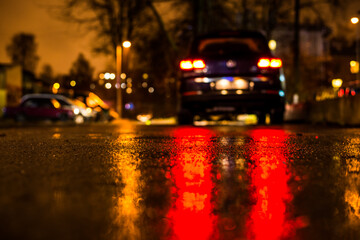 Obraz premium Rainy night in the big city, city alley with trees and a parked car. View from the level of asphalt