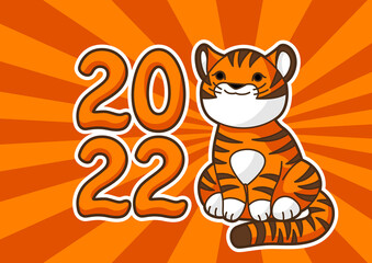 Greeting card with cute tiger. Symbol of Happy Chinese New Year 2022.