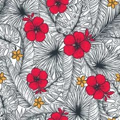 Poster Tropical palm leaves seamless pattern. Vector illustration leaves of palm. Hibiscus pattern. Jungle pattern. Print on cloth template. Beautiful design for textiles. © DiViArts