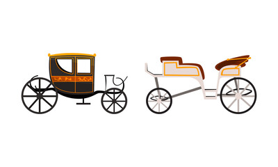 Fototapeta na wymiar Vintage Brougham Set, Side View of Old Carriage for People Transportation Flat Vector Illustration