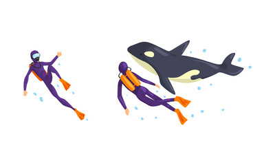 Animal Trainer and Orca Performing in Dolphinarium or Oceanarium Cartoon Vector Illustration