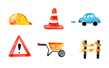 Collection icons batiment building site safety symbol signage watercolor illustration
