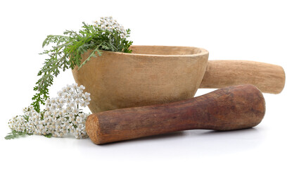 Yarrow flower in a mortar and pestle.