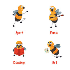 Bees and hobbies set - Sport, Music, Reading and Art
