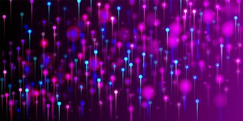 Purple Pink Blue Modern Background. Network Scientific Banner. Artificial Intelligence Big Data Internet Futuristic Wallpaper. Neon Light Glow Particles. Social Science Fiber Optics Light Pins.