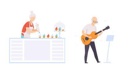 Elderly People Hobbies Set, Senior Woman Baking Cupcake, Senior Man Playing Guitar, Active Lifestyle Concept Flat Vector Illustration