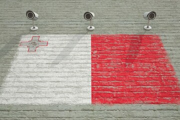 CCTV cameras and wall with printed flag of Malta. National surveillance system conceptual 3D rendering