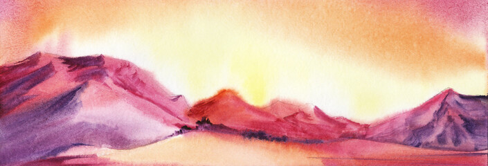 Watercolor banner with unearthly blurry landscape. Crimson and purple dunes on deserted land with rare vegetation against radiant orange sky. Hand drawn alien scenery with colorful mountains